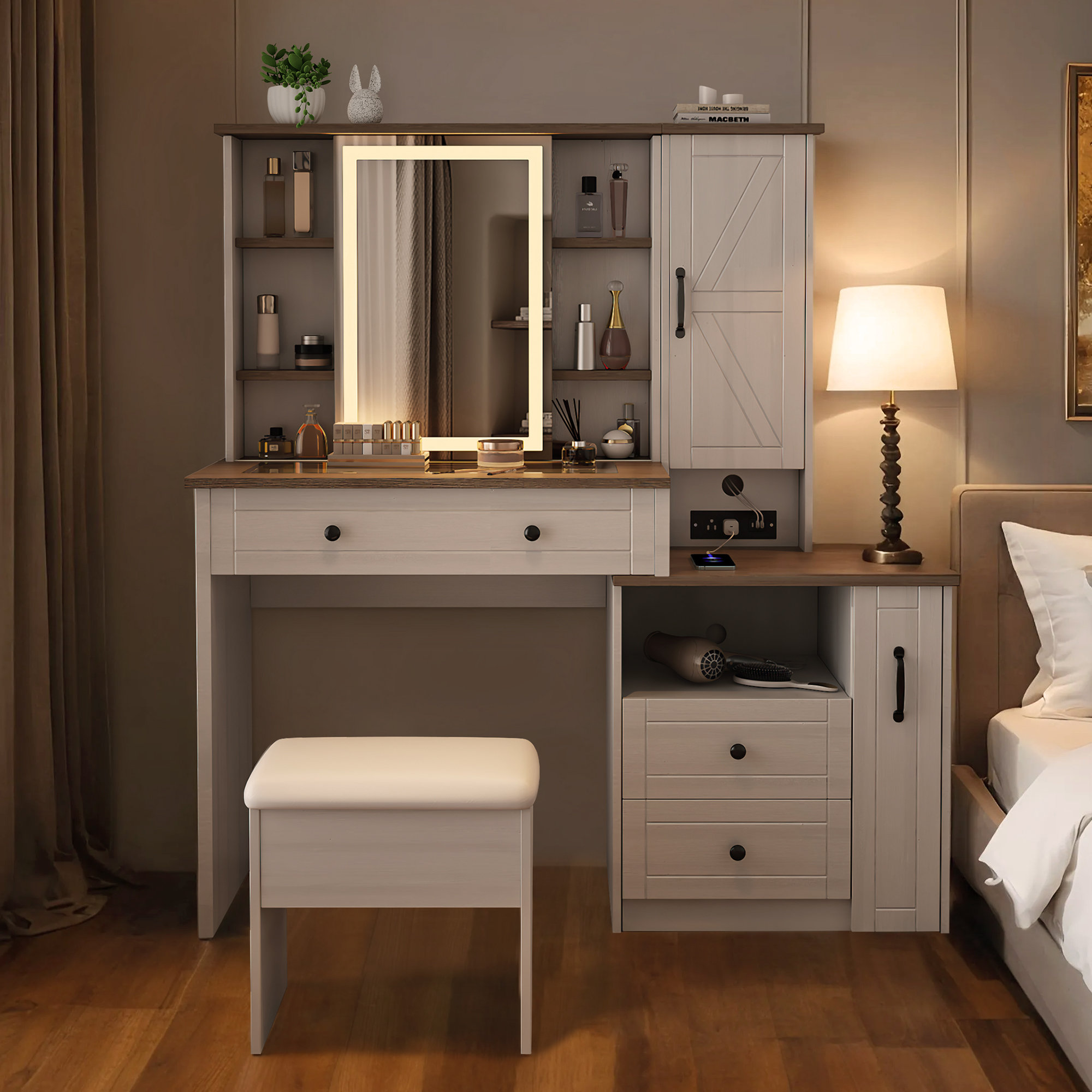 Wrought Studio Dresser set cabinet, LED mirror and power outlet, can hold  jewelry, perfume, matching stool | Wayfair