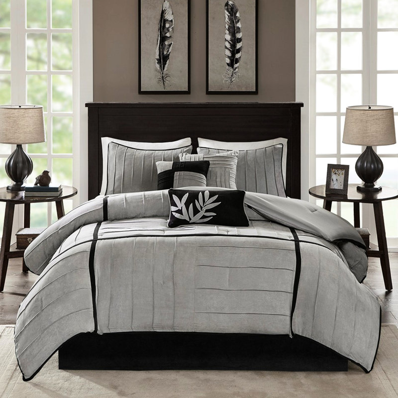 Ensemble d'édredon très grand en faux suède gris - lit de 7 pièces charmant et doux, Gris / Noir