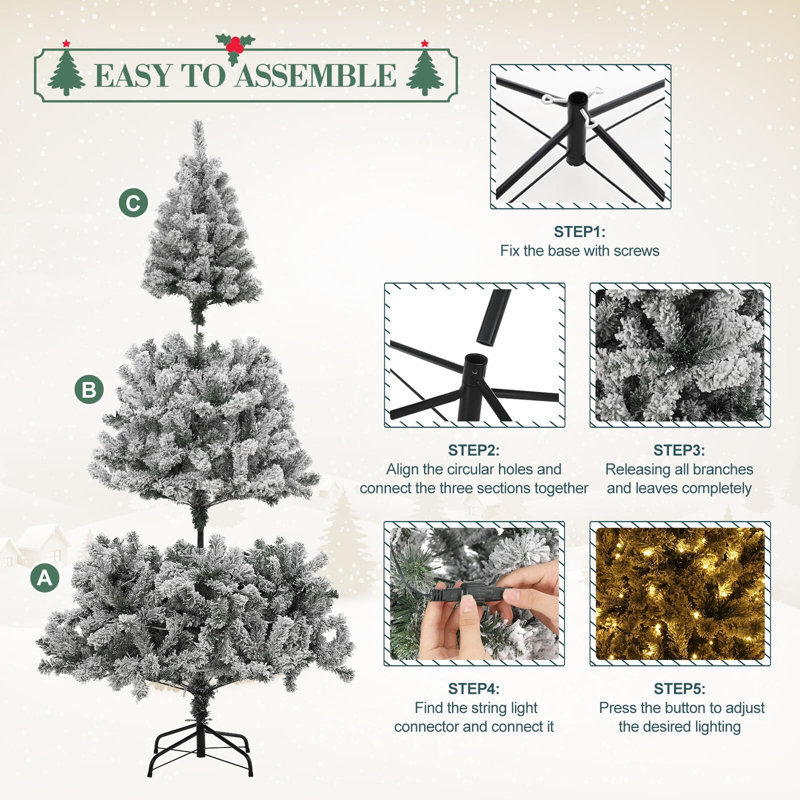 6FT White Snow Flocked Pre-Lit Christmas Tree with Metal Stand