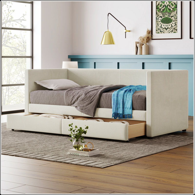 Corduroy Daybed with Two Drawers and Wood Slat The perfect combination of classic and modern, enhance the bedroom style