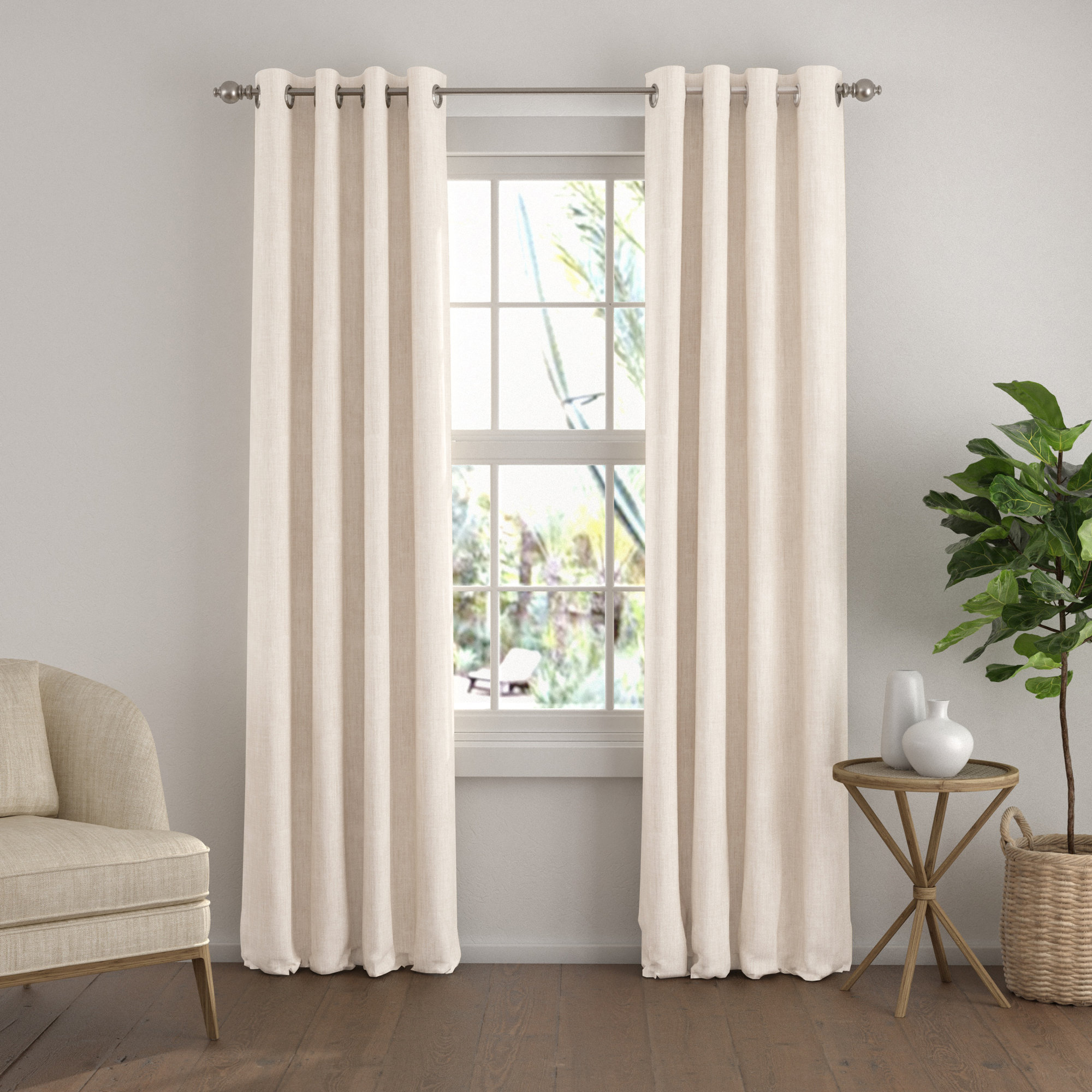 100% Blackout Textured Linen-Blend Grommet Curtain Set, Ivory, 50" W x 96" L