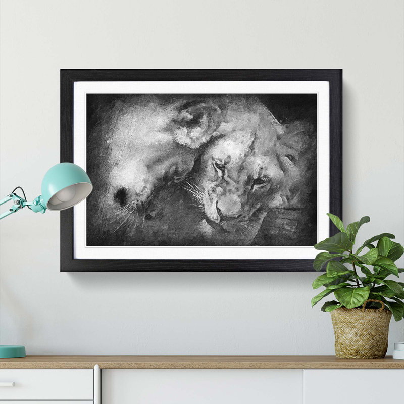 Two Snuggling Lions - Picture Frame Painting Print, 36cm H x 48cm W x 2cm D, Black Framed