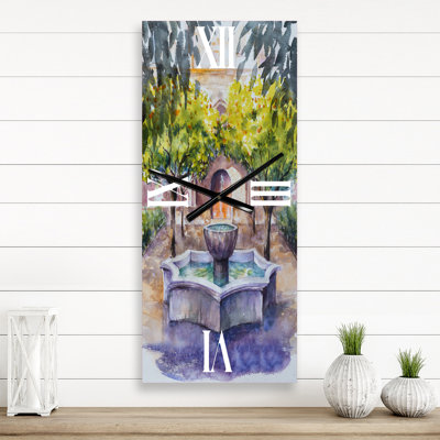 Petite fontaine avec arbres dans le village - horloge murale