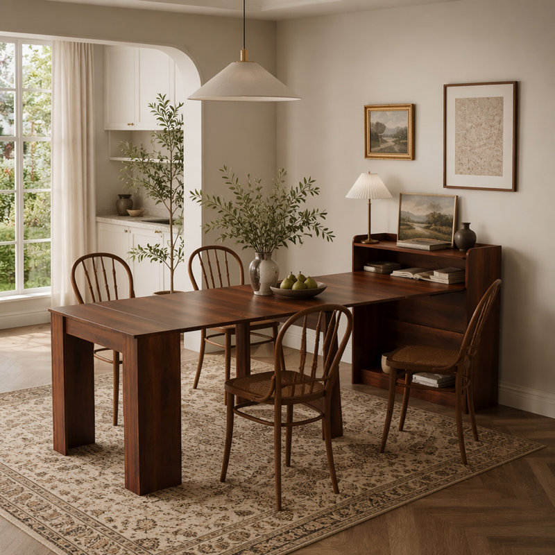 Table de salle à manger extensible moderne avec rangement Stowspan avec finition en mélamine et structure en bois, Walnut