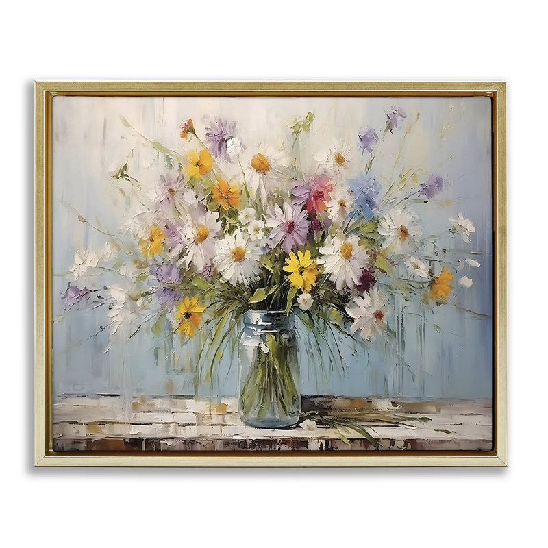  «Wildflower Bouquet in Jar», art mural encadré par Franklyn Gregory, H 17 po x l 21 po, Cadre flottant métallique doré