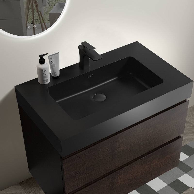 Lavabo intégré noir mat en quartz d'ingénierie avec trop-plein pour salle de bain