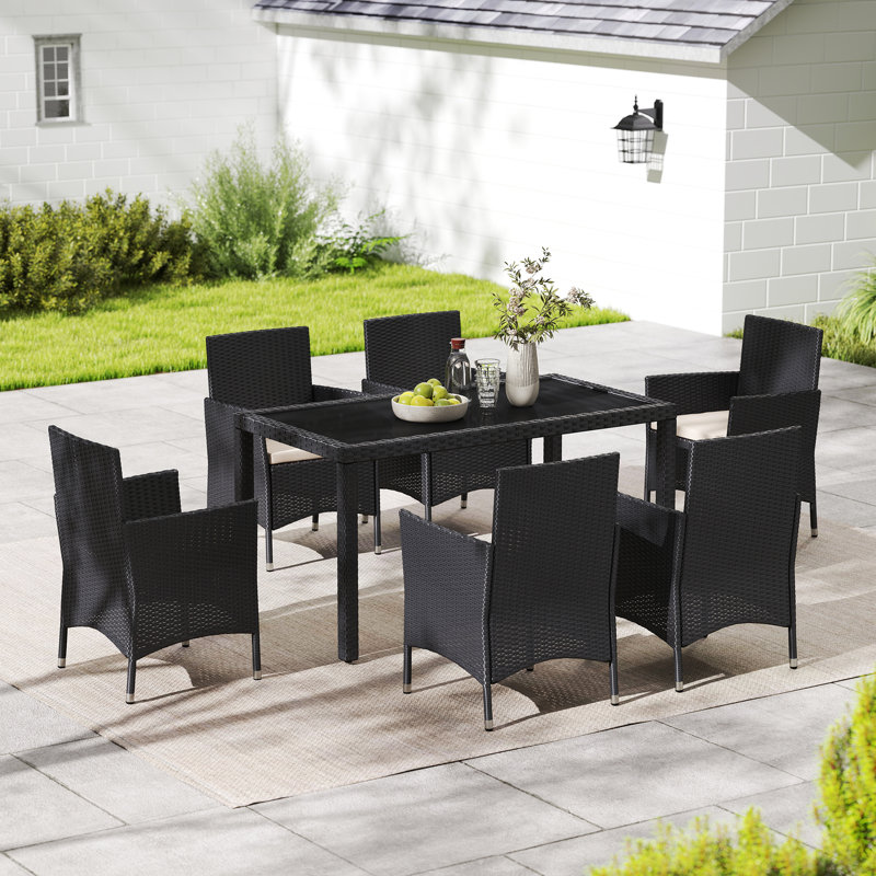 7-piece Rectangular Wicker/rattan Outdoor Dining Set With Cushions And Tempered Glass Top, Black