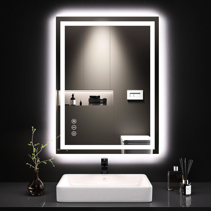 Miroir de salle de bain pour salle de bain, 32 po x 24 po, Ip54 imperméable, avant / rétroéclairé, antibrouillard, contrôle tactile, lumière élevée, 95, intensité variable à l'infini, couleur réglable, verre trempé de 5 mm, miroir cuivre-argent
