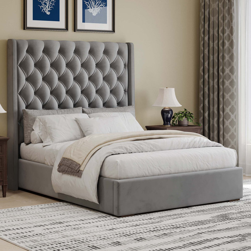 Headboard Upholstered Bed With Handmade Deep Button Tufted, Box Spring Needed, Queen