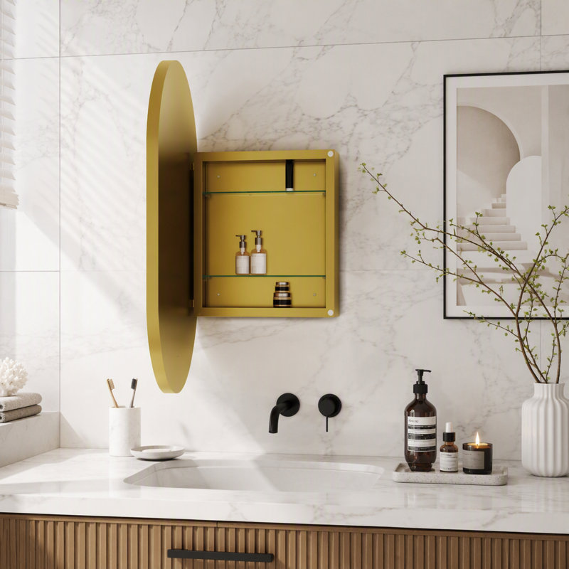 Pharmacie ovale encastrée avec miroir et tablettes réglables, Or 33,46 po