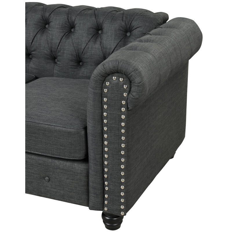 Causeuse Chesterfield à accoudoirs roulés 61 po Leite, Mélange de lin gris foncé