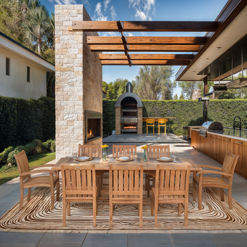 9 Piece Teak Wood Dining Set Including Rectangular Extension Table With 2 Abacho Arm And 6 Side Chairs