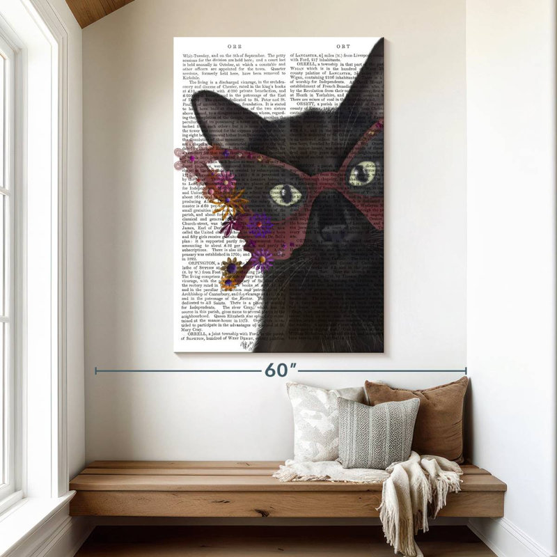 Chat Ketti et verres à fleurs II, H 51 po x l 34 po