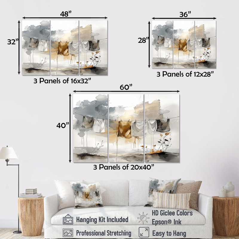 Ensemble de décorations murales gris Hanging Out Laundry I, Toile tendue, H 32 po x l 48 po x P 1 po