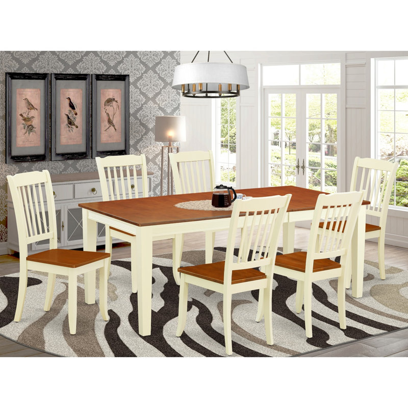 7 Piece Dining Table Set Consist of a Rectangle Wooden Table with Butterfly Leaf and 6 Dining Room Chairs, Buttermilk & Cherry