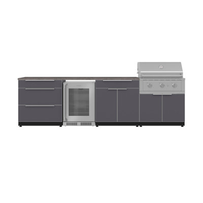 Ensemble d'armoires d'extérieur gris ardoise en aluminium 7 pièces avec 3 tiroirs, bar, armoire de barbecue, barbecue au gaz naturel de 33 po, plateaux en pierre d'ingénierie grise et réfrigérateur à porte en verre