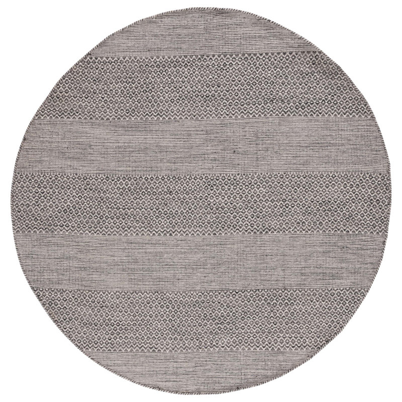 Tapis rayé ivoire / anthracite en coton tissé à plat à la main Bester, Rond 6 pi