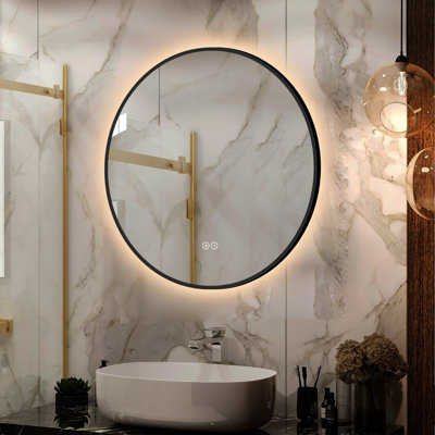 32" x 32" Black Framed LED Round Bathroom Mirror, 3 Color Lighting, Anti-Fog, Explosion-Proof, Wall Mounted Backlit Vanity Mirror