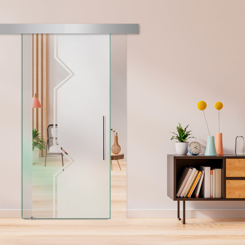 Porte de grange coulissante en verre sans cadre avec design moderne sablé et quincaillerie (semi-privée), 38 po x 81 po