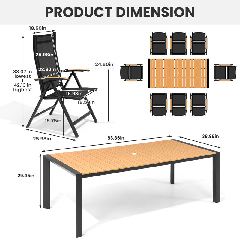 8 - Person 83’’ L Aluminum Patio Dining Set With Adjustable Folded Chairs And Umbrella Hole, Brown