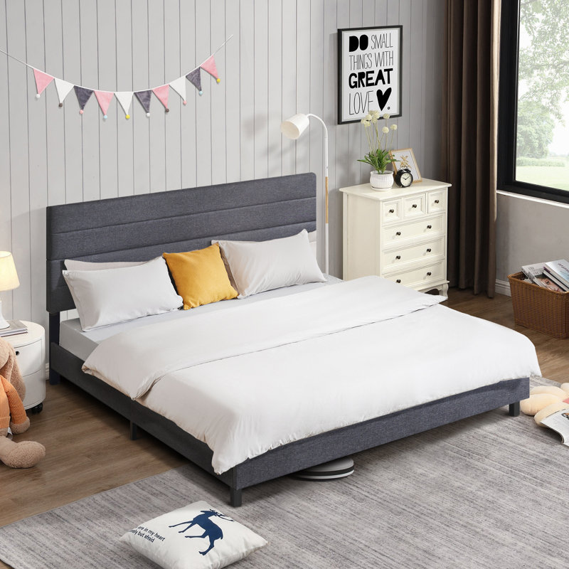 Lit plateforme tapissier Yeudiel, gris, Grand lit