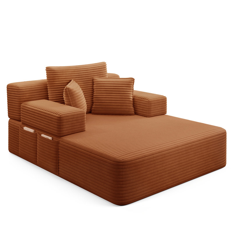 Chaise longue convertible en velours côtelé moelleux avec pochette de rangement, Orange
