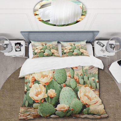 Coral Green Cactus Desert Blooms Pointillism IV - Cactus Duvet Cover Set