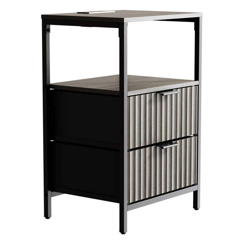 15 Inches Wide Nightstand - 2 Drawers, 1 Shelf, US Power Outlet, Gray