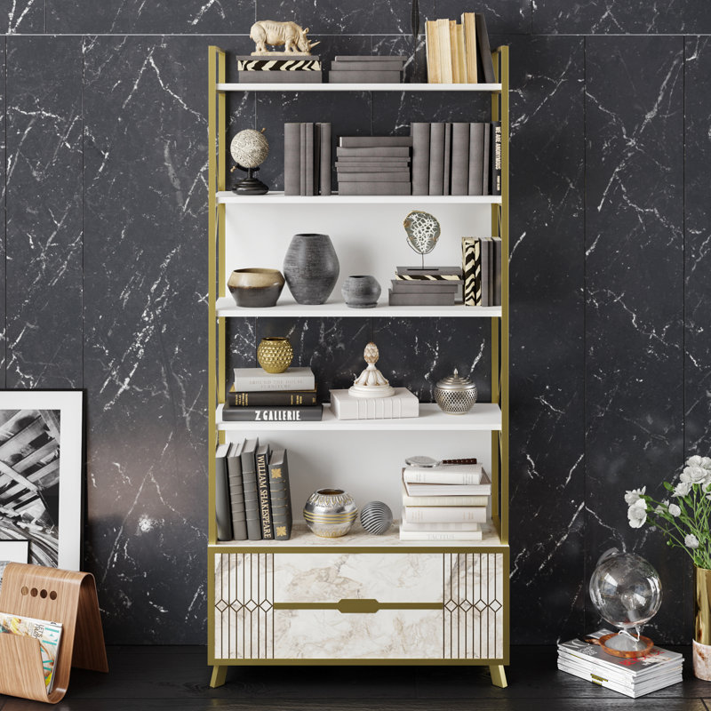 Modern White Bookshelf with Metal Legs, 35.0 x 74.4 x 13.9 inches | 100% Melamine Coated Particle Board, Thickness: 0.7 inches | Numerous Shelves, Wall-Mountable Design, Stylish Marble Finish for Home or Office
