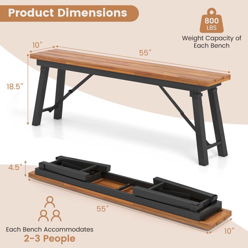 Ensemble de table de pique-nique et de banc 17 pièces avec structure en métal pour 4 ou 6 personnes