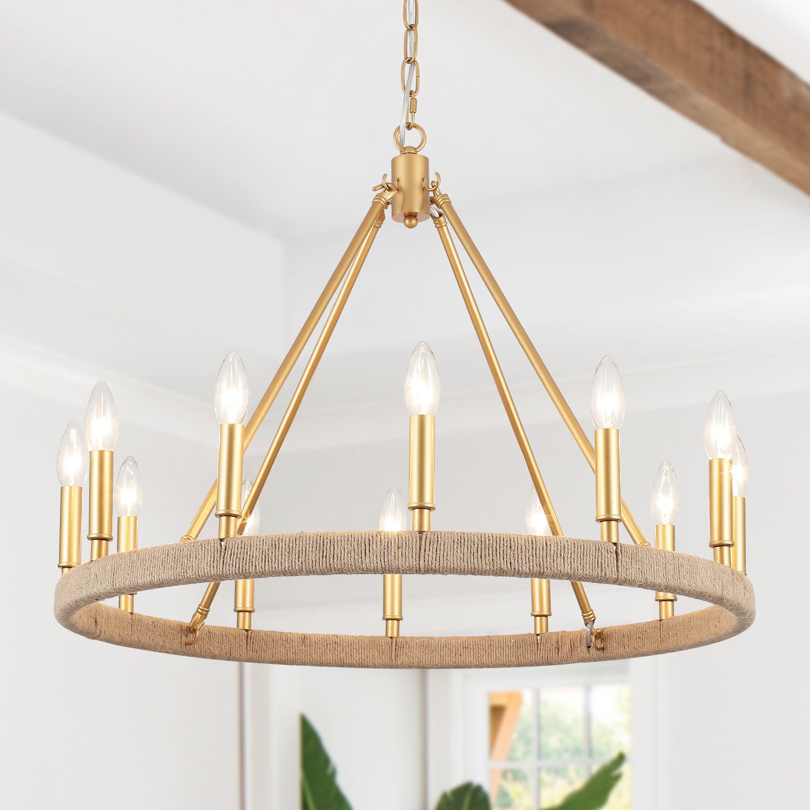 Wagon Wheel Gold Chandelier - 6 Light, Antique Brass Modern Farmhouse  Chandelier for Bedrooms, Dining Rooms, Hallways, Foyers, and Kitchens - 28