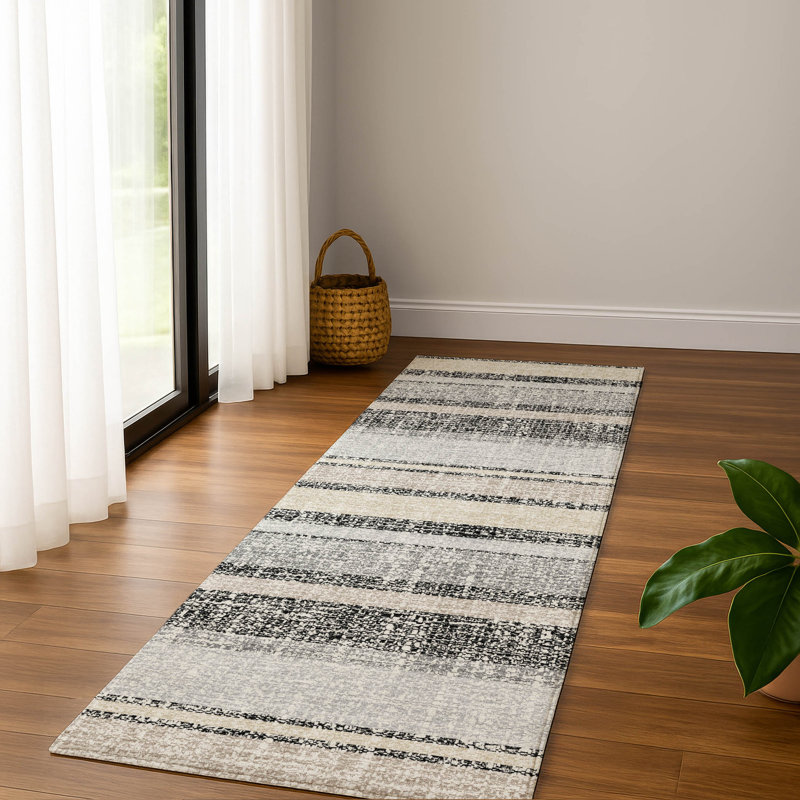 Premium Machine Washable Mayfield AMF2122 Striped Rug, 2'3" x 7'6" Runner, Black