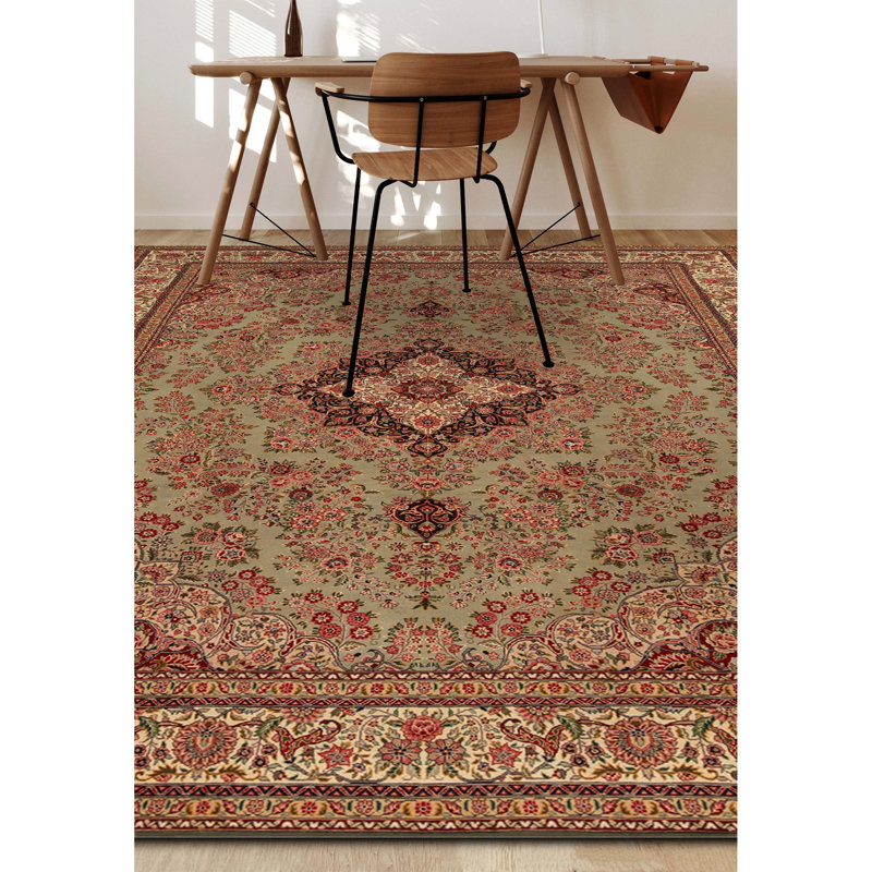 Tapis vert clair et bleu marine noué à la main de haute qualité