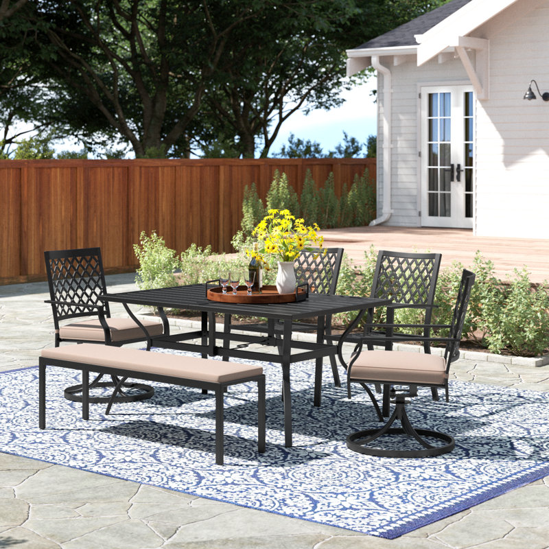Anran 6 - Person Stainless Steel Patio Dining Set Umbrella Hole Included Rectangular Table with Cushions Included