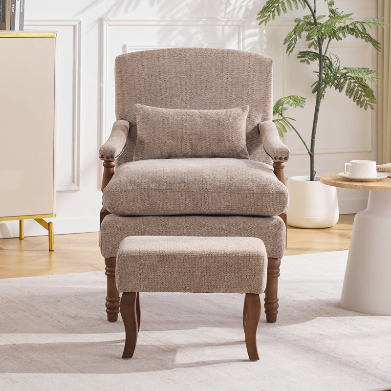 Upholstered Accent Chair with Ottoman and Wood Turned Legs, Sand