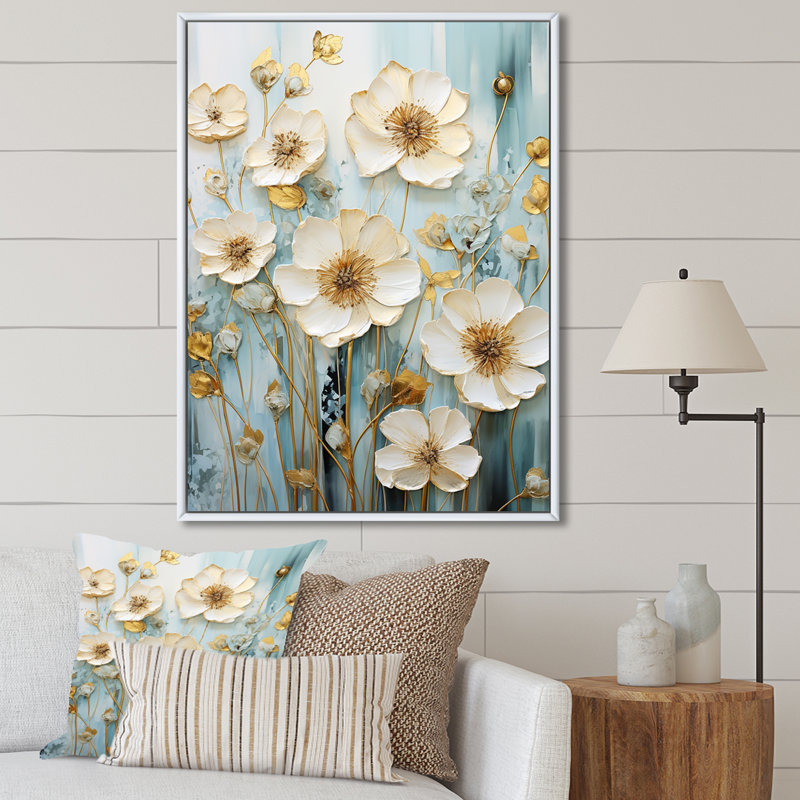 Décoration murale élégante Buttercups Meadow I - Bouton d'or, Cadre flottant blanc, H 32 po x l 24 po x P 1 po