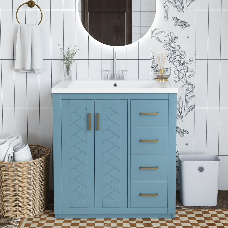 Ensemble de meuble-lavabo simple 30 po avec plateau en céramique Tabethia, Marine
