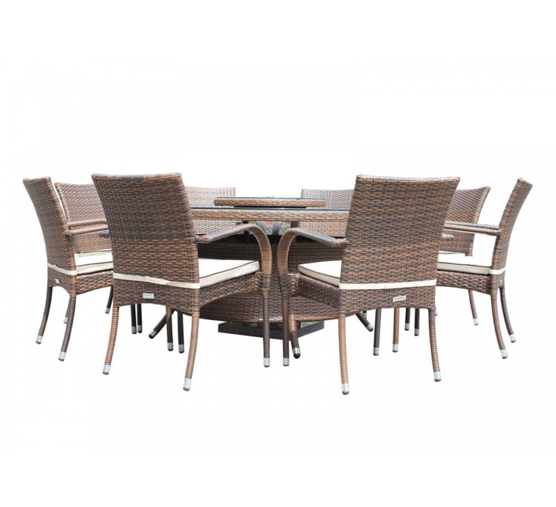 Kiska 8 - Person Patio Dining Set with Round Table , Cushions Included, Chocolate/Cream