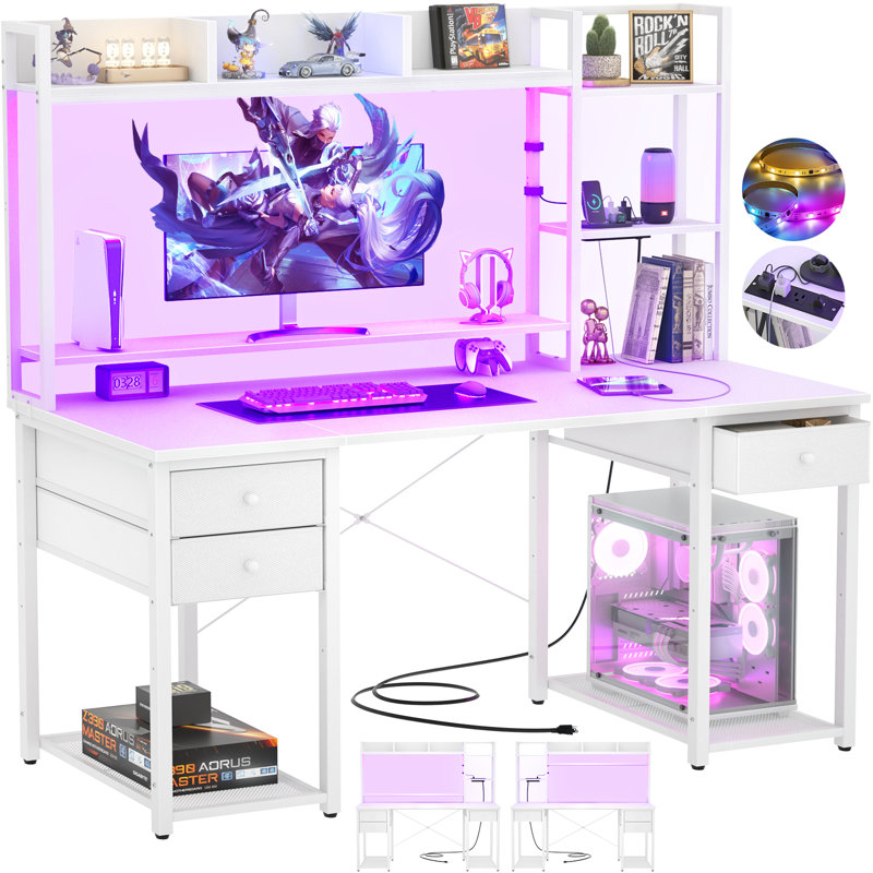 Computer Desk with Hutch, Storage Shelves, Power Outlets & LED Lights, White, 47.2" H x 18.9" W x 29.5" D