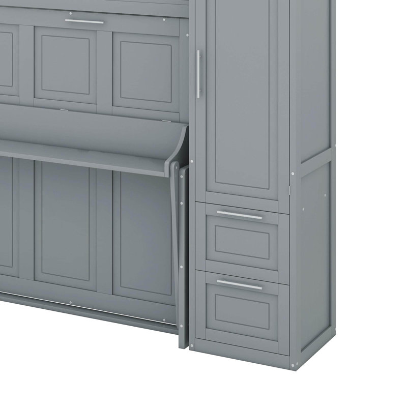 Grand lit escamotable avec placard et tiroirs, gris