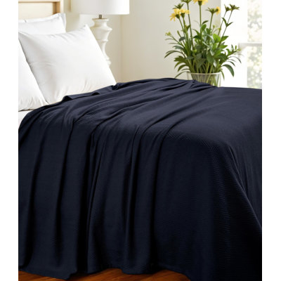King Navy Blue Cotton Woven Chevron Blanket
