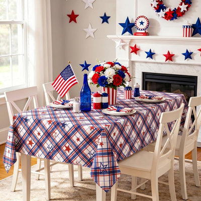 1 Piece Holiday 4th of July Tablecloth  Table Cover for Independence Day Picnic Party, Water Stain Resistant American Plaid Star Patterned Washable Table Cloth
