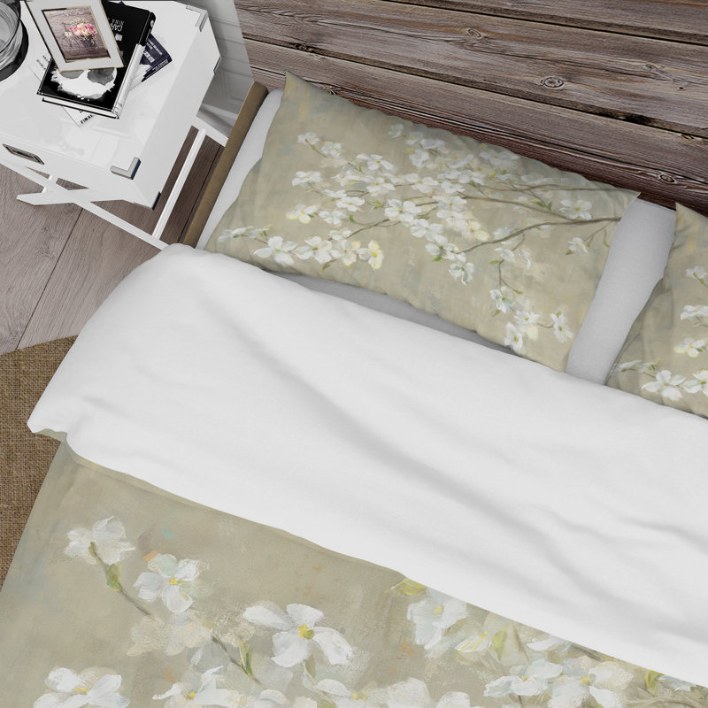 Dogwood in Spring Neutral - Farmhouse Duvet Cover Set - Microfiber Polyester, King Duvet Cover + 2 Shams