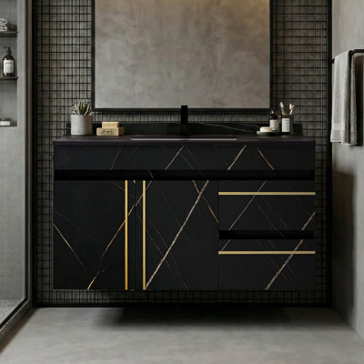 Sanes 36" Modern Black Floating Bathroom Vanity Set with Gold Accents, Sintered Stone Top and Undermount Sink