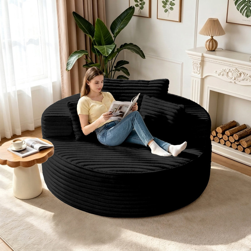 Fauteuil lounge rond surdimensionné de 140 cm en velours côtelé, canapé sans structure avec coussin, aucun assemblage requis - Noir