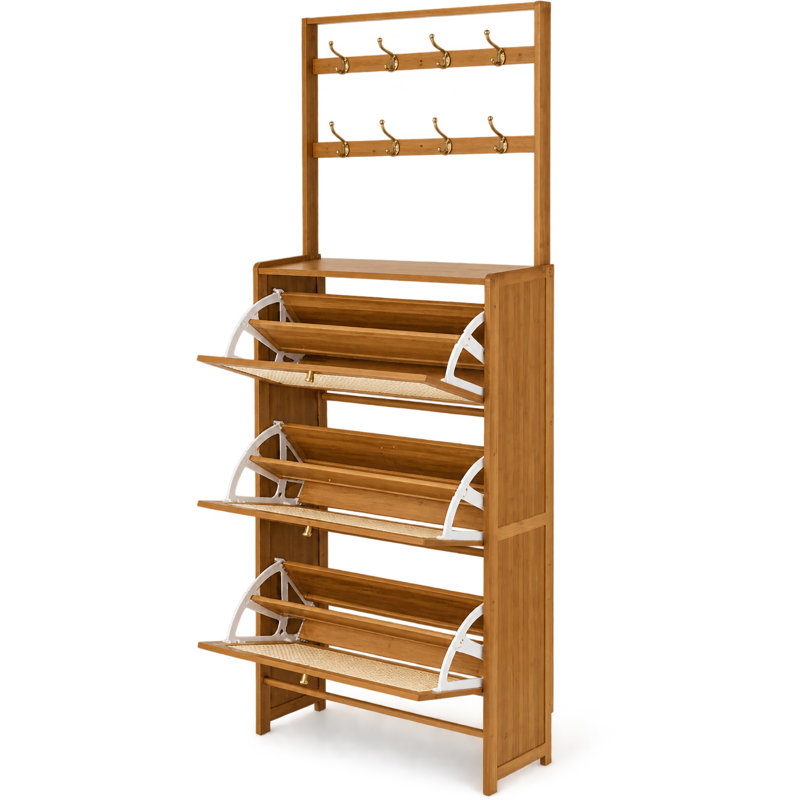 Armoire de rangement pour chaussures, tiroirs en rotin de bambou avec 8 crochets, vestibule moderne