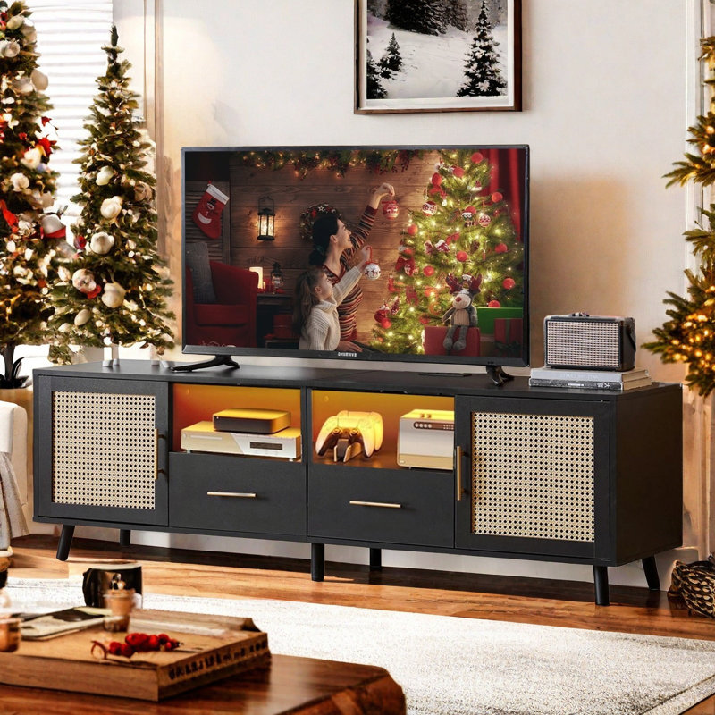 Black Wood and Rattan TV Stand with RGB Lights