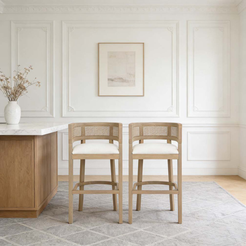 Wood And Rattan Upholstered Arm Bar Stools, Beige,Natural Ash