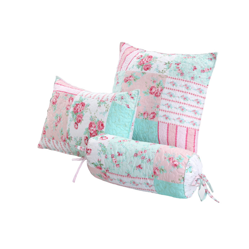 Floral Pink and Blue Polyester 3-Piece Throw Pillow Set