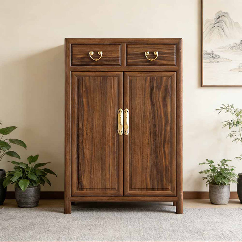 Chinese-style minimalist enclosed shoe cabinet, Dark Brown Wood